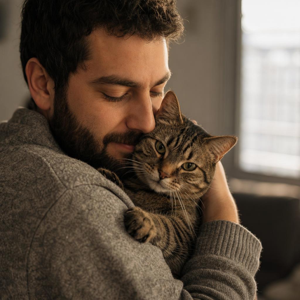 Familia abrazando a su gato