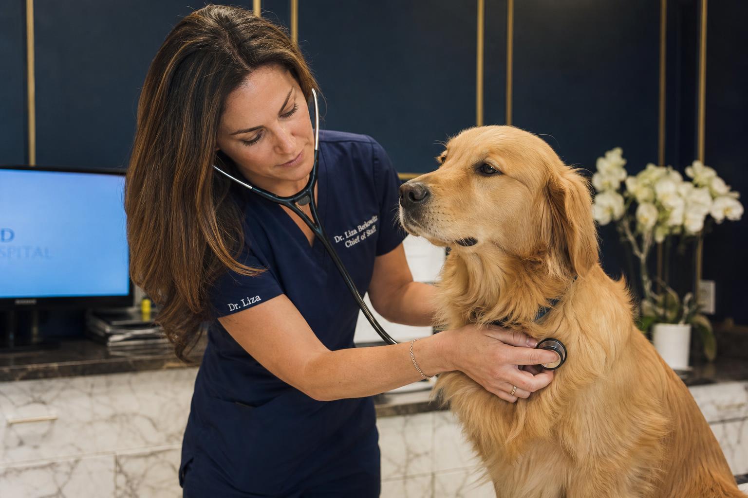 Veterinaria en Bogotá atendiendo a un perro golden retriever en consulta